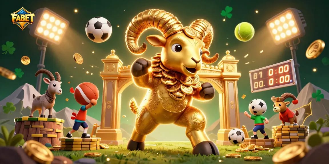 FABET showcases a golden ram charging through a vibrant casino scene filled with dynamic sports elements.