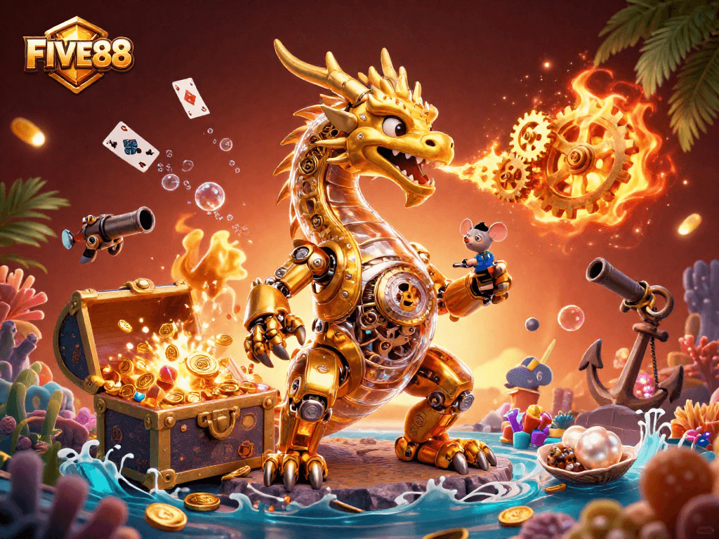 Engage with the vibrant world of FIVE88, featuring thrilling casino games in stunning 3D illustration.