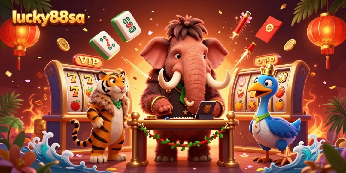 Experience lucky88sa with a cartoon mammoth bouncer and vibrant casino elements creating dynamic excitement.
