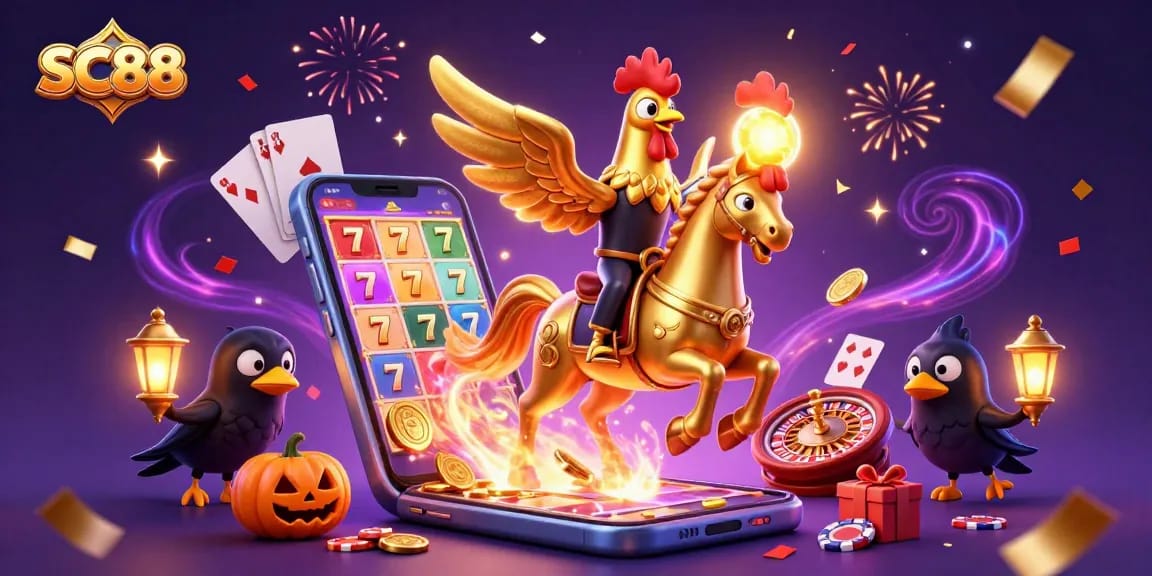 Experience exhilarating gameplay at SC88 with a golden rooster and friends amidst casino action.