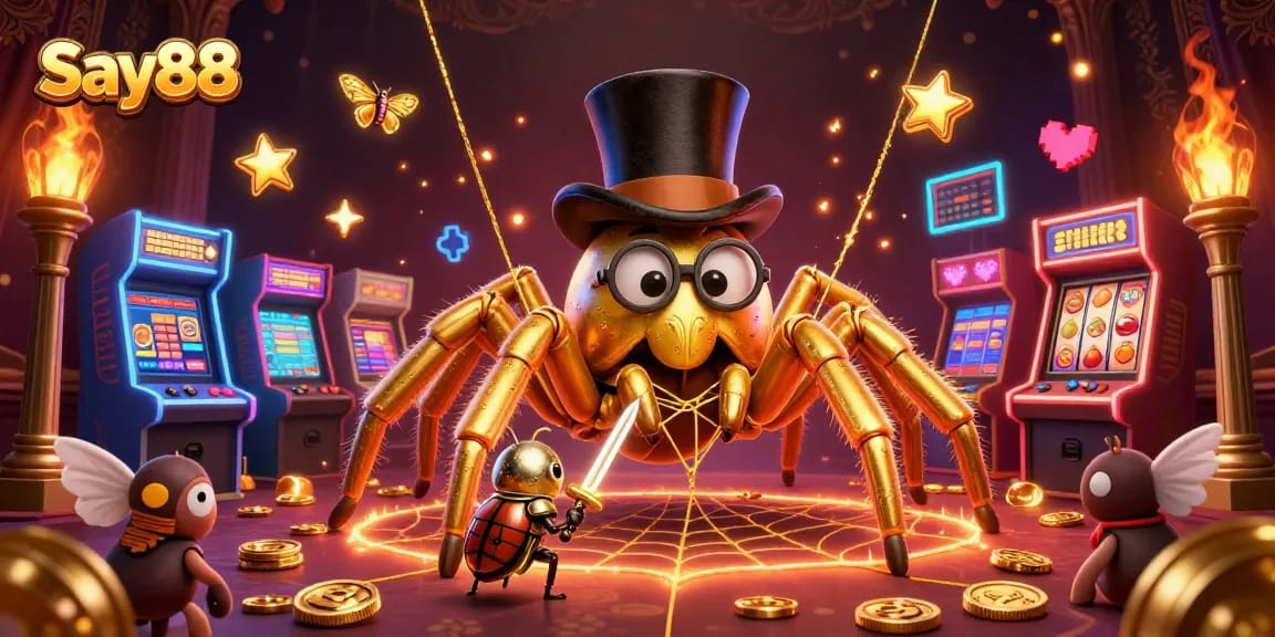 Engage in slots excitement at Say88 with colorful casino elements and vibrant characters.