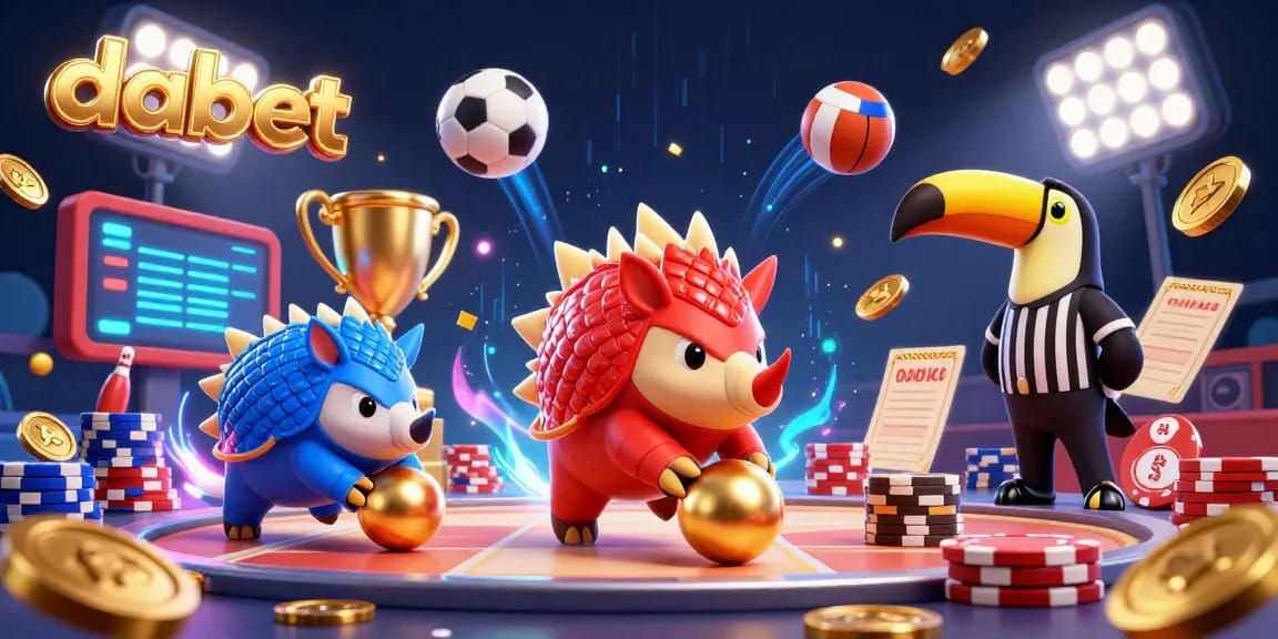 Dabet showcases rival pangolins in a spirited gambling match, surrounded by vibrant sports elements.