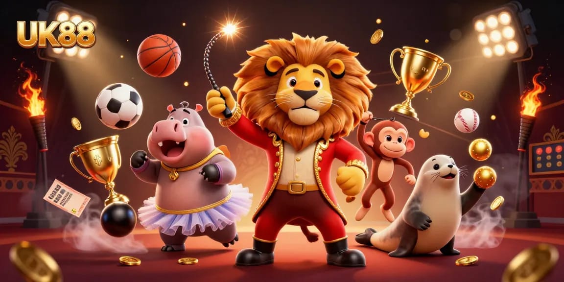 Win big with UK88 in a vibrant casino scene featuring lively animal characters and dynamic sports elements.