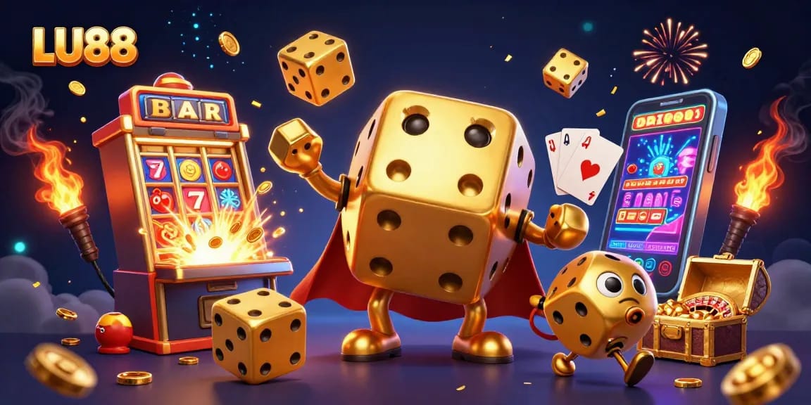 LU88 rolls dynamic dice and slots in a vibrant casino scene with golden jackpots and exciting game elements.