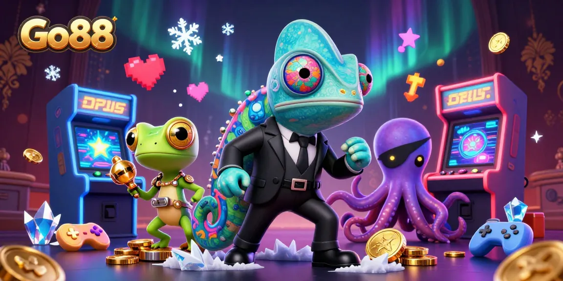 Go88 game environment showcasing unique characters navigating vibrant arcade machines and casino elements.