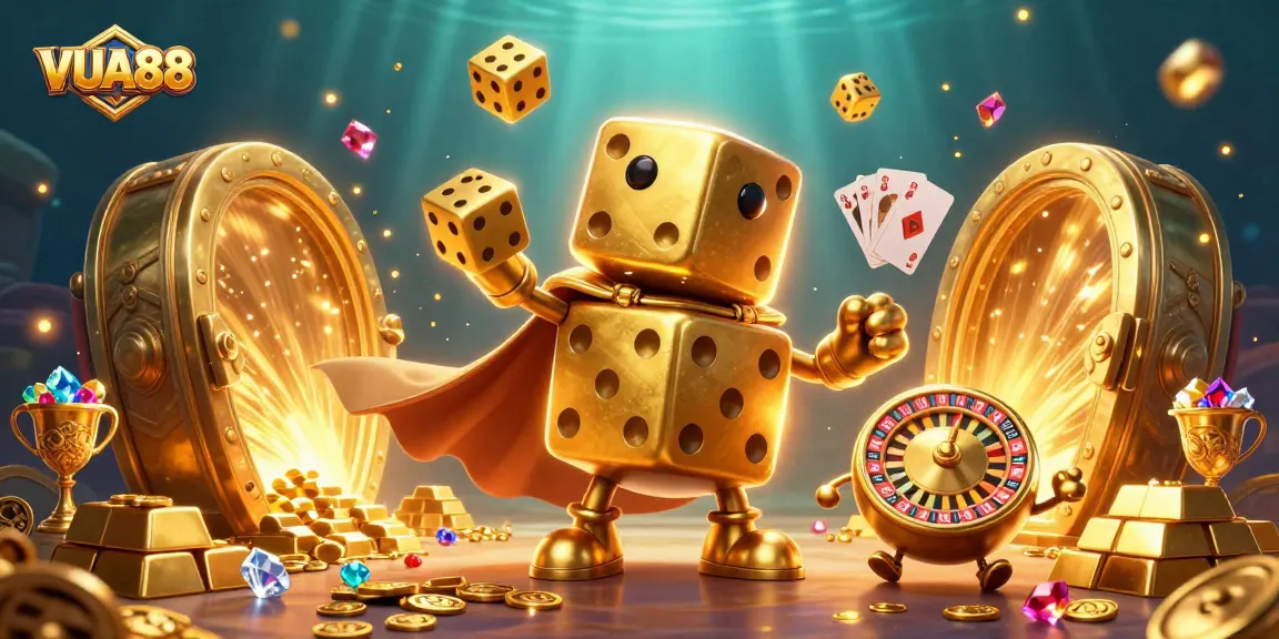 Experience the excitement with VUA88 as dice and jewels surround a magical casino atmosphere.