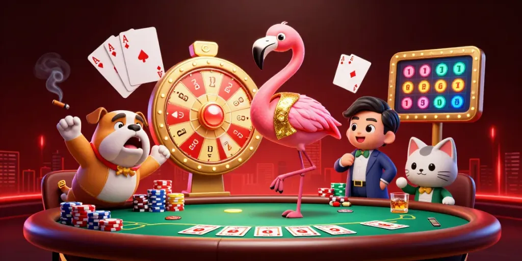 Engaging sunwin gameplay illustration featuring a flamingo host, bulldog contestant, and cat assistant.