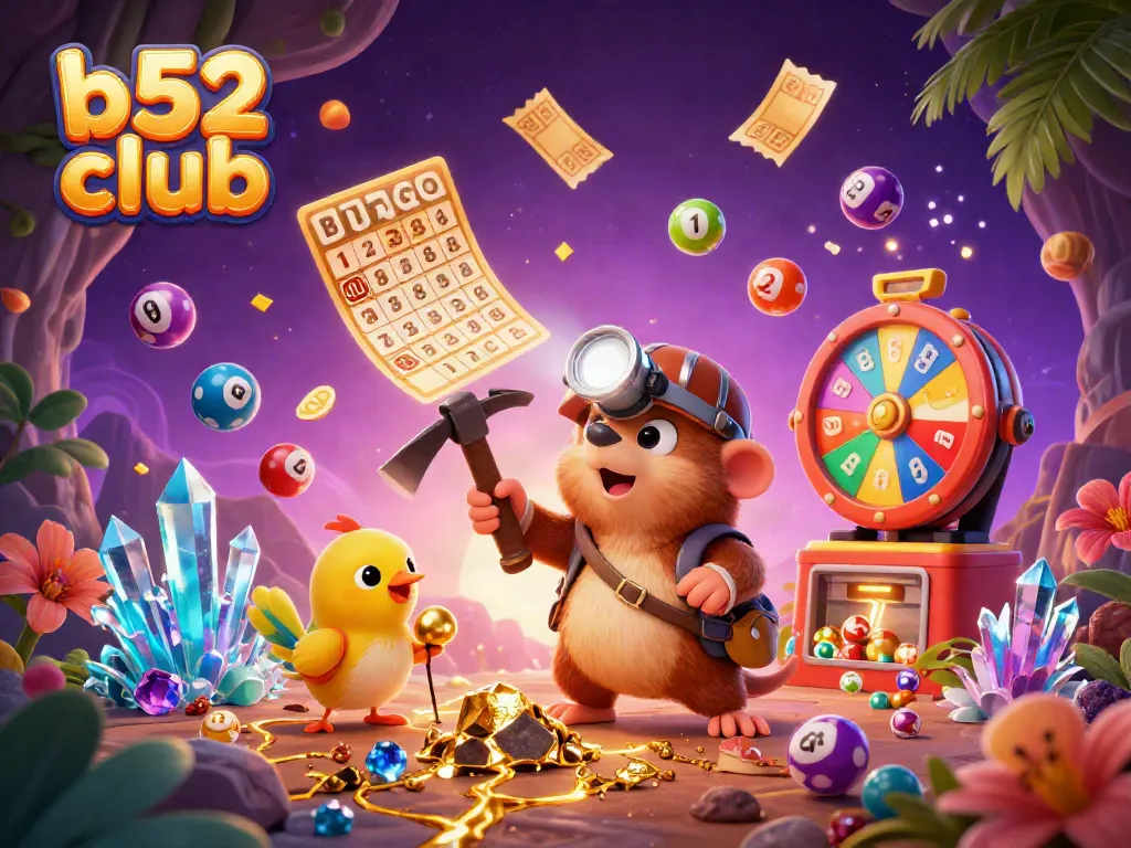 Win big at B52 Club while treasure hunting in a vibrant gambling cave filled with gold and lottery elements.