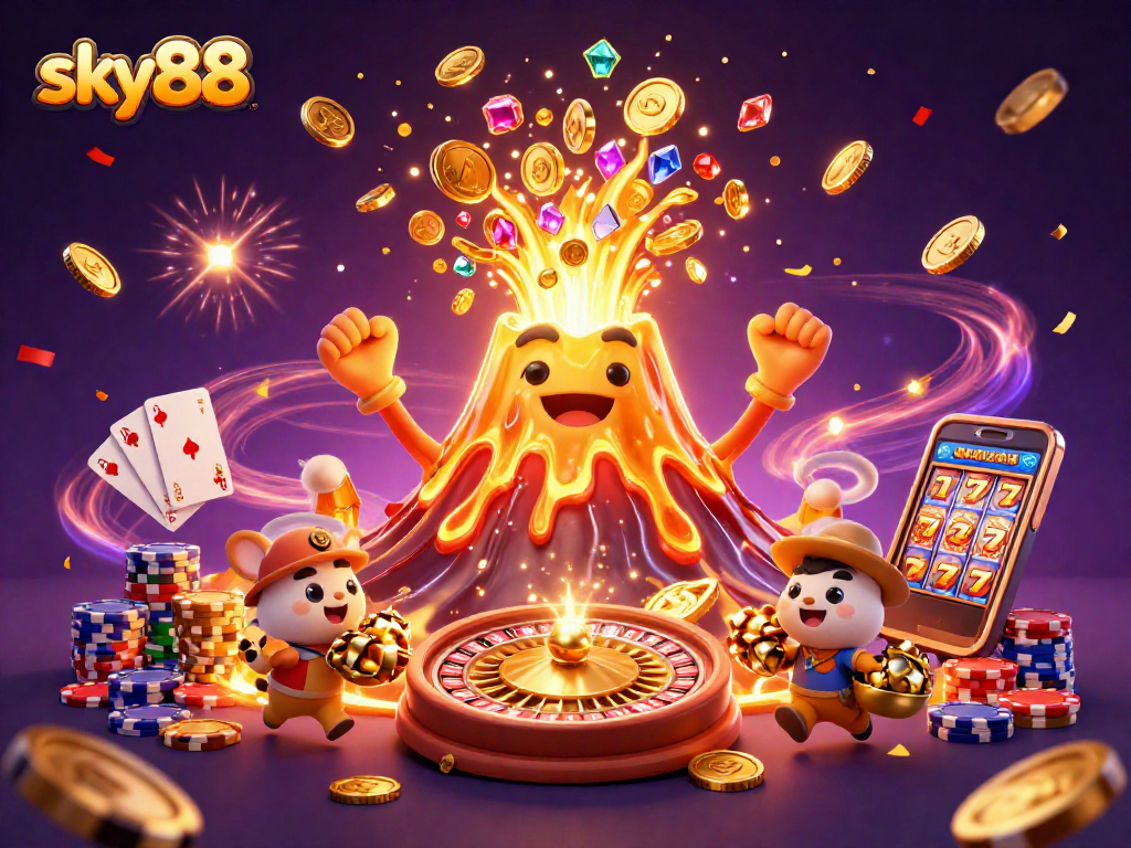 sky88 players collect treasures amidst spinning roulette wheels and festive lights