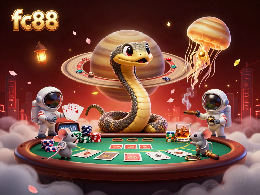 Join the cosmic game at fc88 with a playful roulette wheel scene featuring astronauts and a jellyfish dealer.