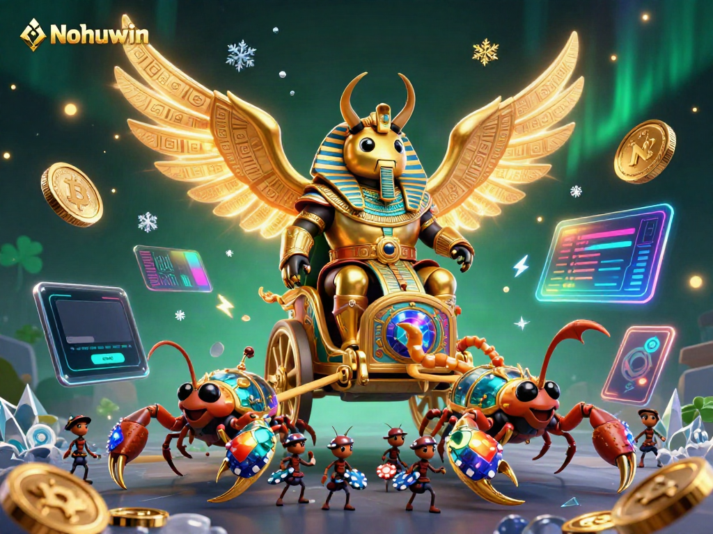 Experience Nohuwin's dynamic gaming world with a colossal golden scarab and vibrant casino elements.