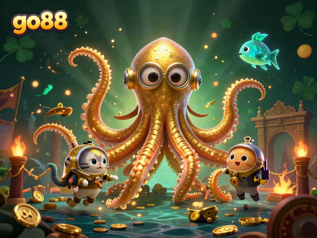 Experience thrilling action with go88 as a kraken and diving cat explore a treasure-filled underwater scene.