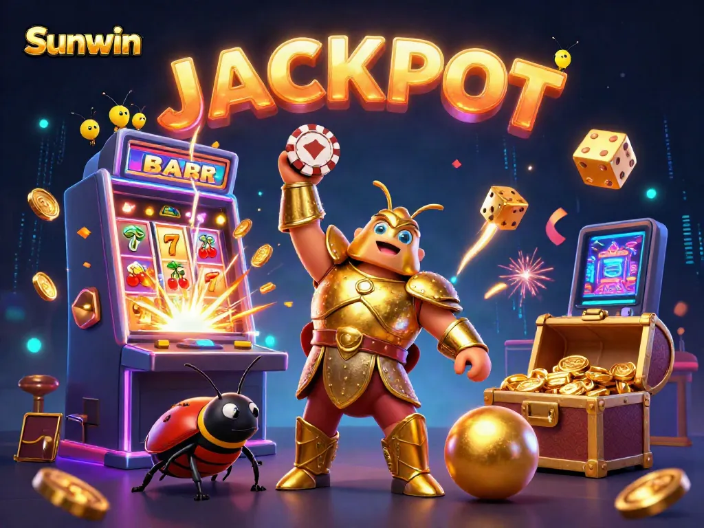 Win big with Sunwin in this vibrant 3D illustration showcasing thrilling casino elements and characters.