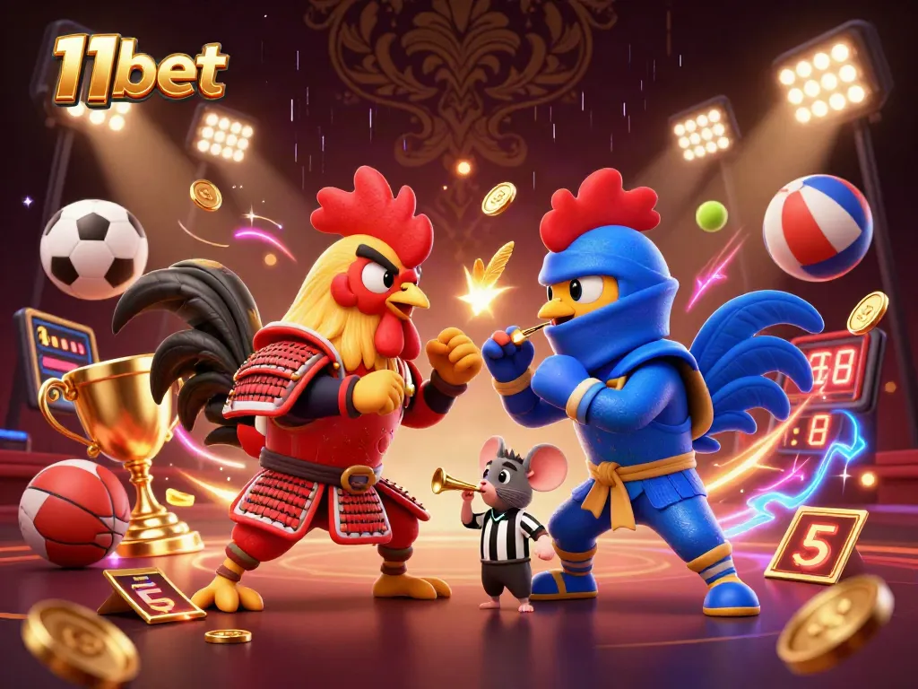 Experience thrilling betting action with 11bet’s dynamic sports scene featuring cartoon roosters.