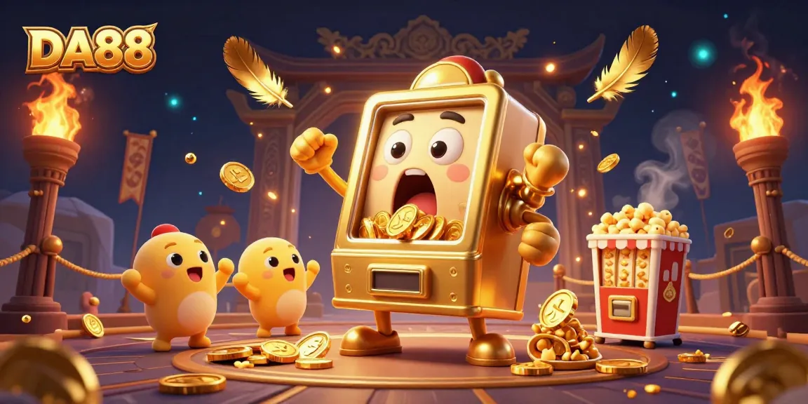 DA88 slot machine celebrates winnings as gold coins rain down in a vibrant casino scene