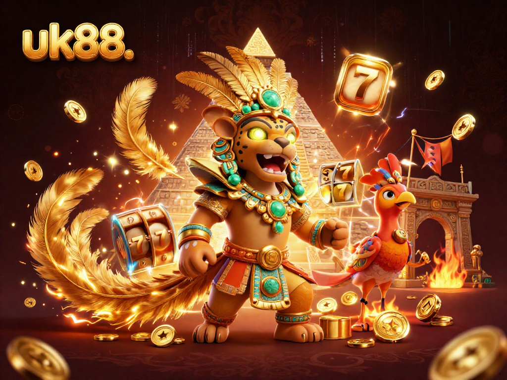 Spin the reels at uk88. with vibrant Mayan-themed casino illustration featuring jackpots and dynamic energy.