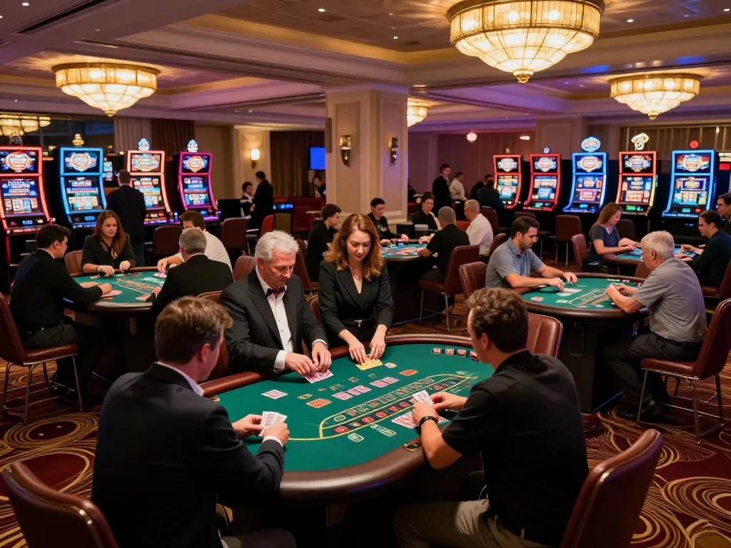 Players enjoying games at Nhà cái Jun88's luxurious casino floor with vibrant atmosphere.
