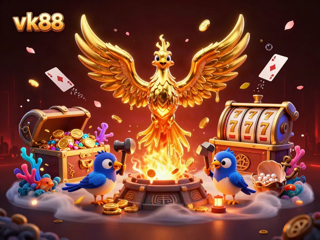 Experience thrilling gameplay at vk88 with dynamic slot reels and a vivid golden phoenix illustration.
