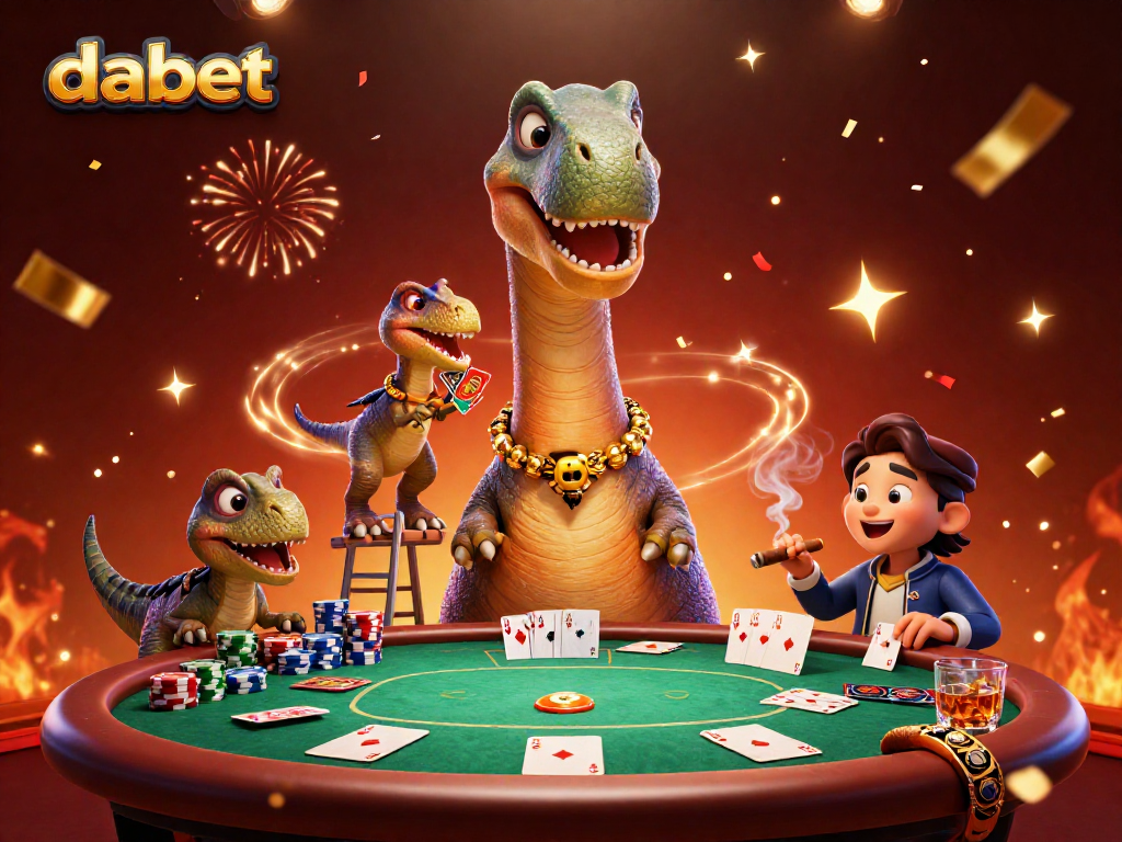 dabet brings excitement as a brontosaurus peers over a poker table in a vibrant casino illustration.