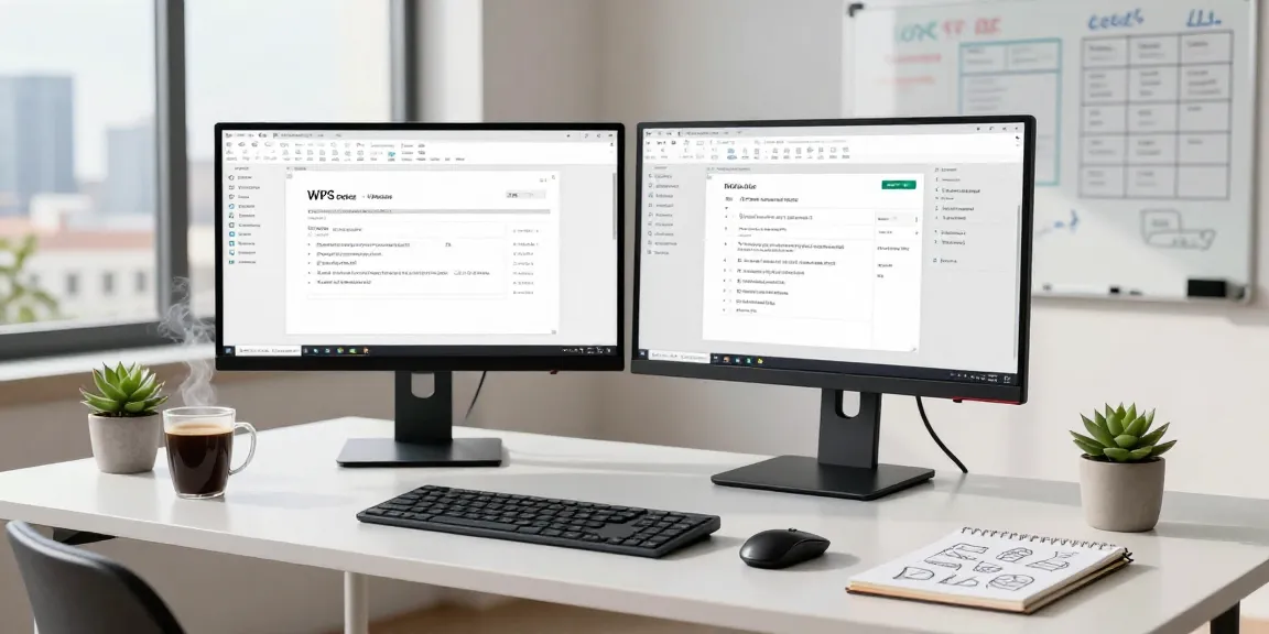 WPS Download interface displayed on dual monitors in a modern workspace.