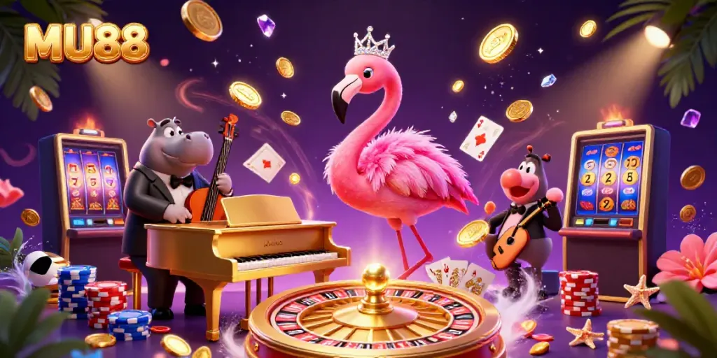 Experience the vibrant energy of MU88 with a dynamic casino scene featuring colorful characters and lively gaming elements.