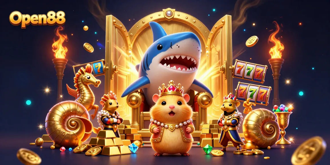 Open88 showcases a golden hamster king gaming in a treasure-filled kingdom, surrounded by slot elements.