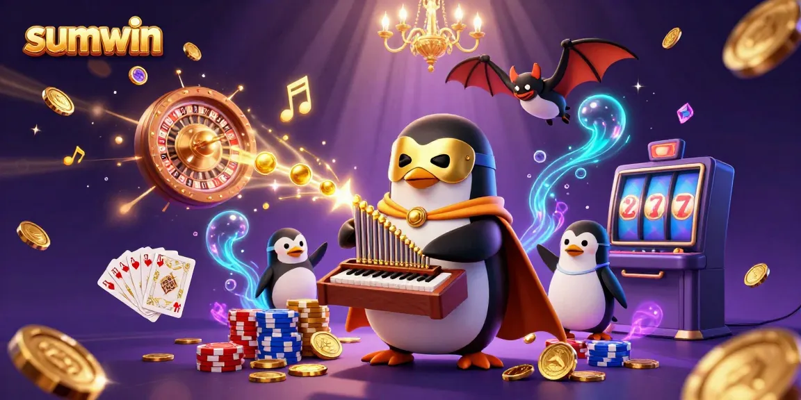 Experience thrilling gameplay at sumwin with a vibrant illustration of a casino scene featuring a penguin playing an organ and bats in flight.