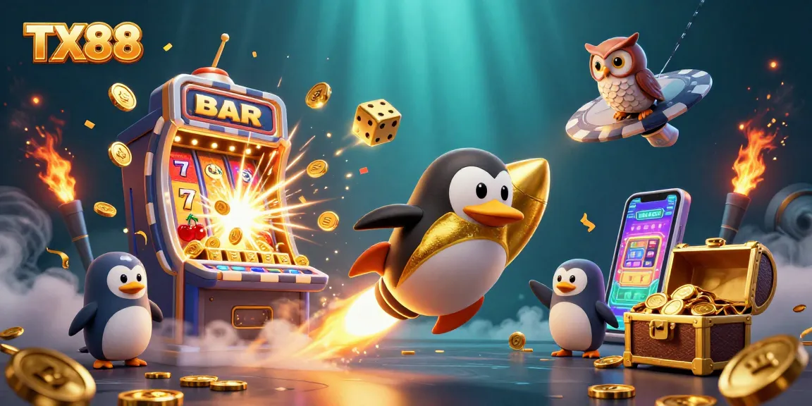 TX88 features a golden penguin and slot machine in a vibrant casino scene filled with treasures.