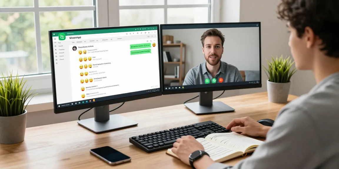Person using WhatsApp電腦版 in a modern home office setting, with dual monitors and natural light.