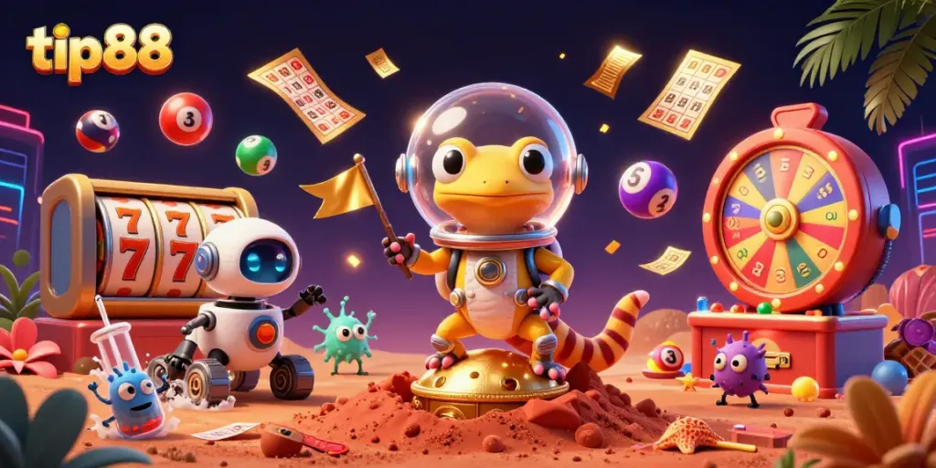 Experience the thrill with tip88 in a vibrant casino scene featuring a Martian gecko and game elements.