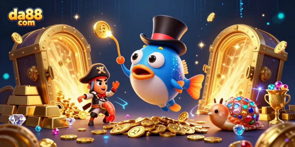 Experience excitement at da88 com with luminous treasures and vibrant characters in this dynamic casino scene.