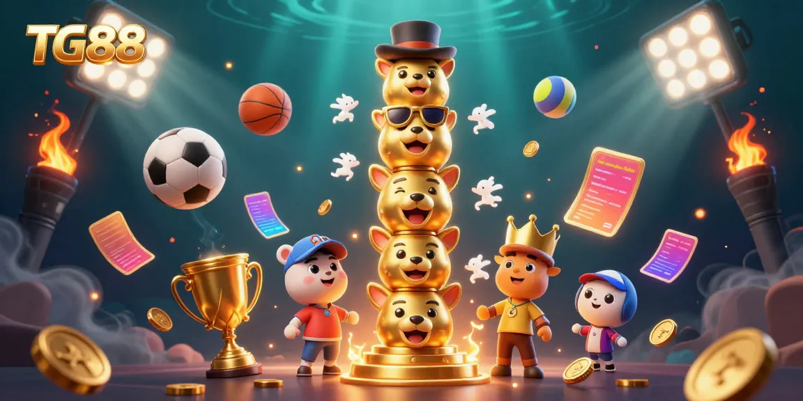 Engage with TG88's vibrant casino experience featuring a 3D golden totem and dynamic sports elements.