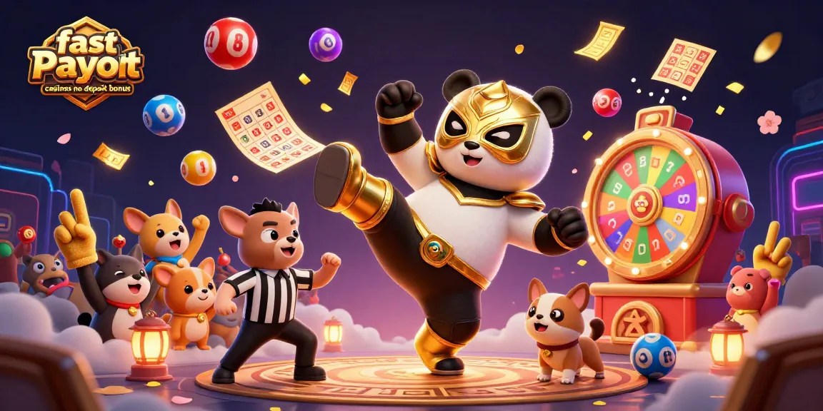 Experience fast payout casinos no deposit bonus with a lively scene of a panda wrestler and cheering animals.