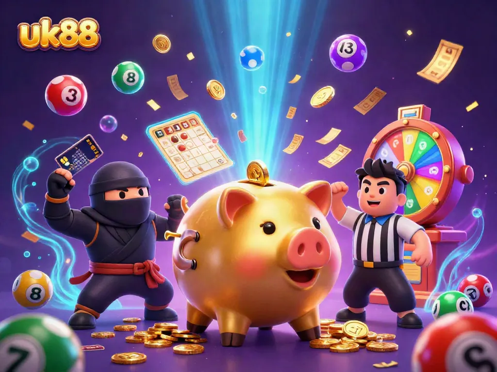 Experience the excitement of uk88 with a golden piggy bank wrestler amidst a vibrant casino atmosphere.
