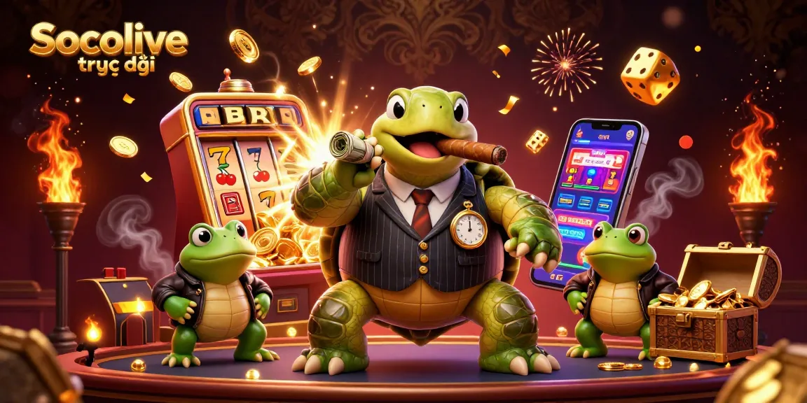 Socolive trực tiếp shows a lively scene with a snapping turtle and bullfrog enforcers celebrating a jackpot win.