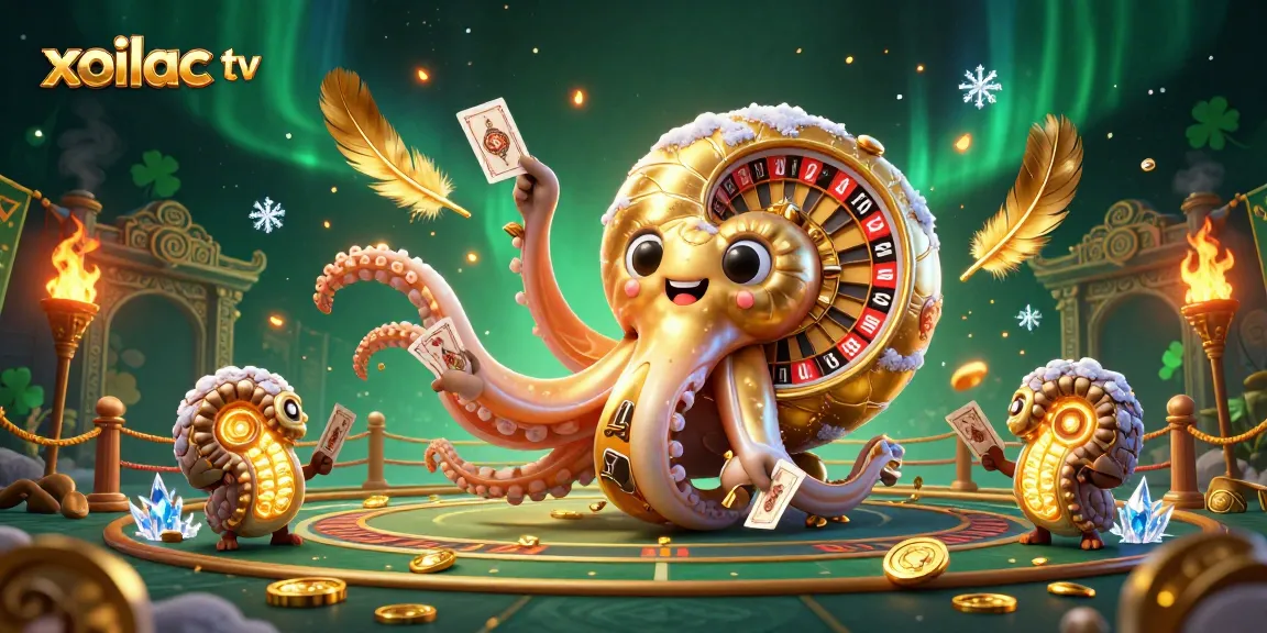 Xoilac TV showcases a vibrant 3D nautilus holding cards, embodying an energetic gambling scene.