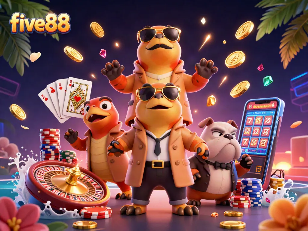 Bet on excitement with five88 as cartoon raptors humorously attempt entry into a VIP casino lounge.