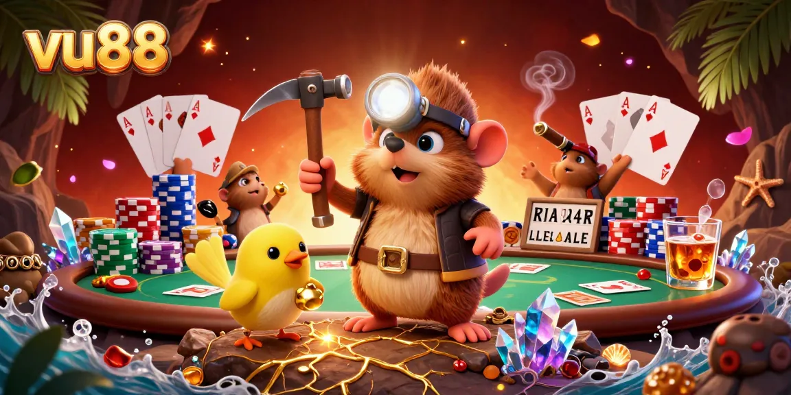 Experience the thrill of vu88 with a treasure hunting mole in a vibrant casino scene.