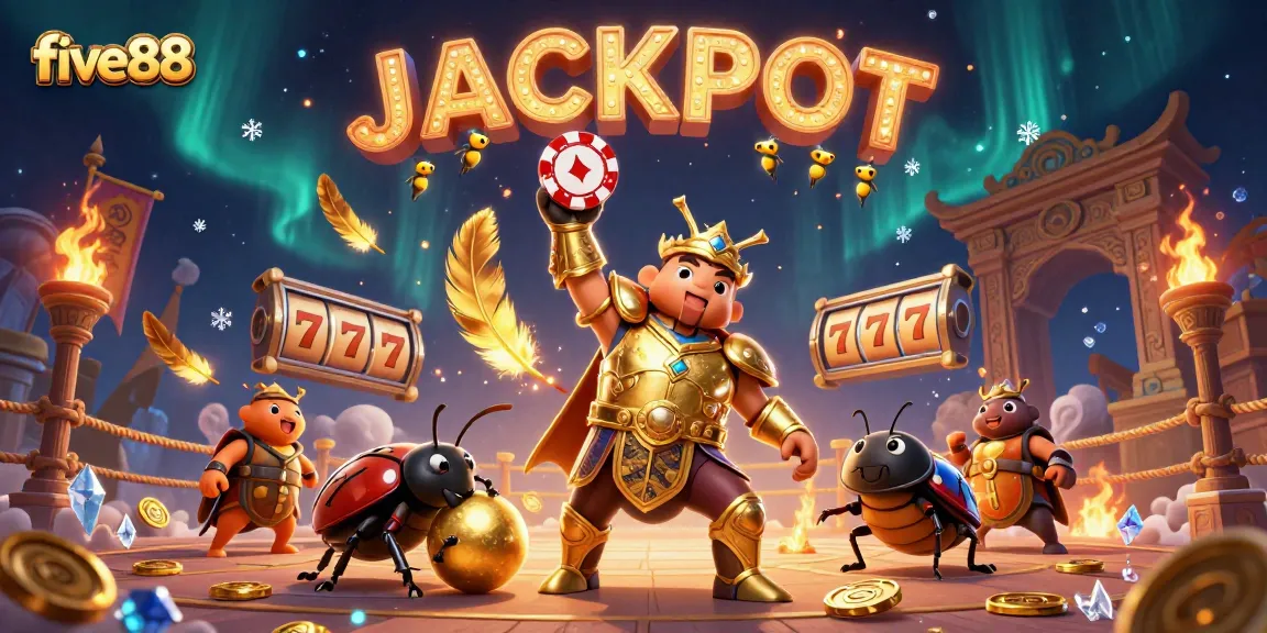 Experience the excitement of five88 with a vibrant 3D illustration showcasing a hero beetle celebrating winning a jackpot.