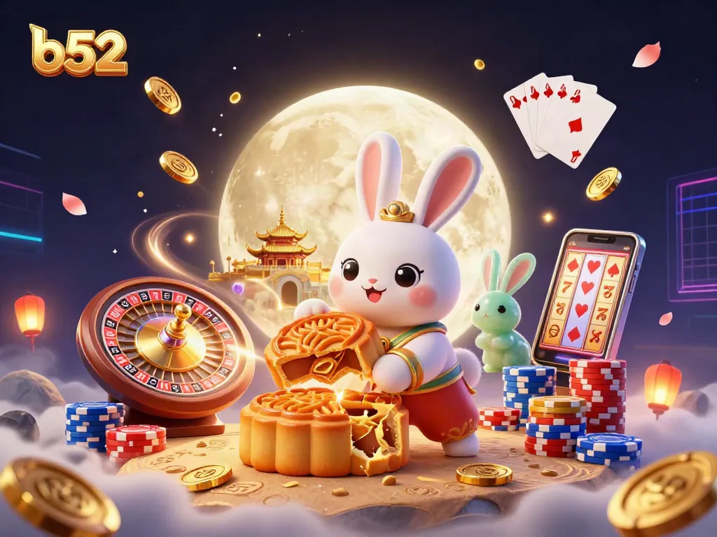 B52 players enjoy vibrant casino games with moon rabbits and dazzling elements in this engaging 3D illustration.