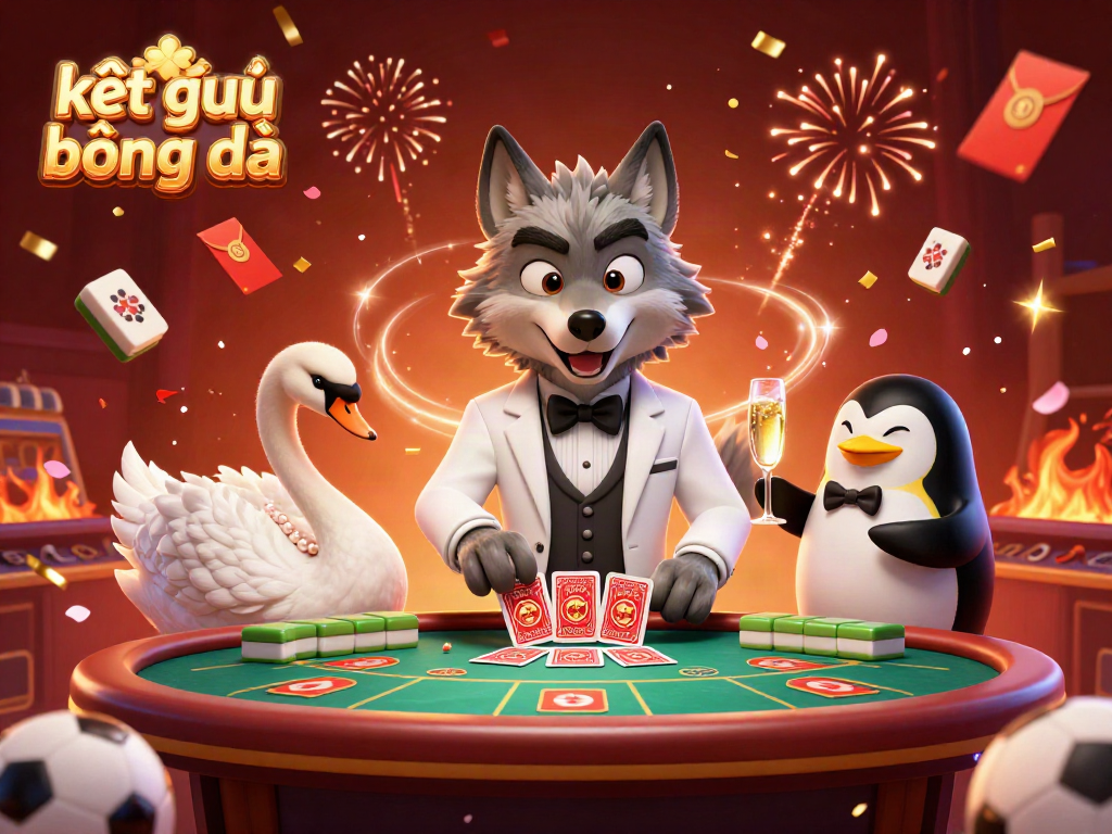 Experience the excitement of kết quả bóng đá as the debonair cartoon wolf plays at a luxurious casino table.