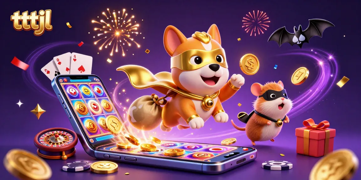 Engage with tttjl in this vibrant casino scene showcasing a superhero dog and hamster amidst exciting gaming elements.