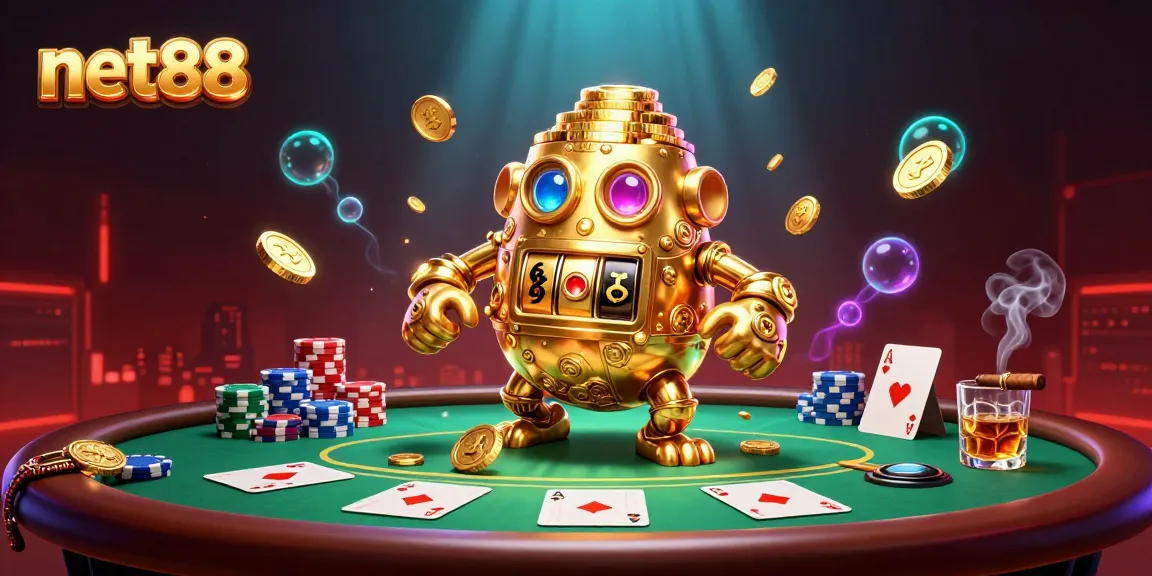 Experience excitement at net88 with a dynamic casino scene featuring a golden golem and poker elements.