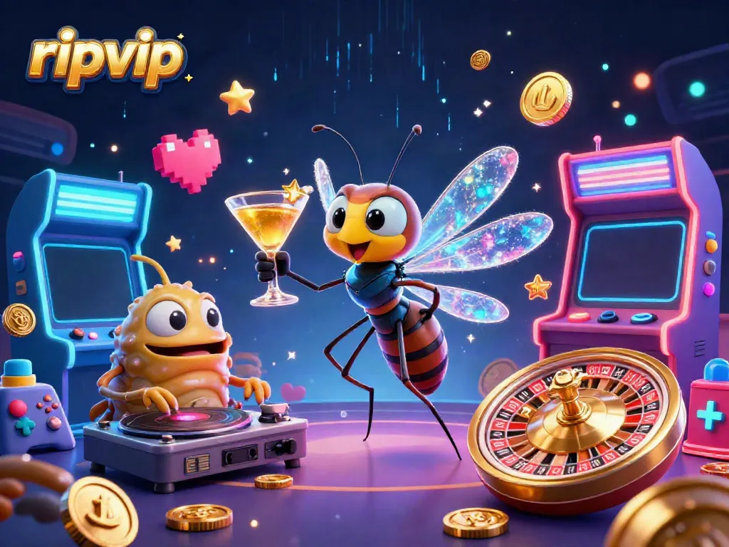 Engage with ripvip's vibrant gaming universe featuring a mosquito mascot and trilobite DJ.