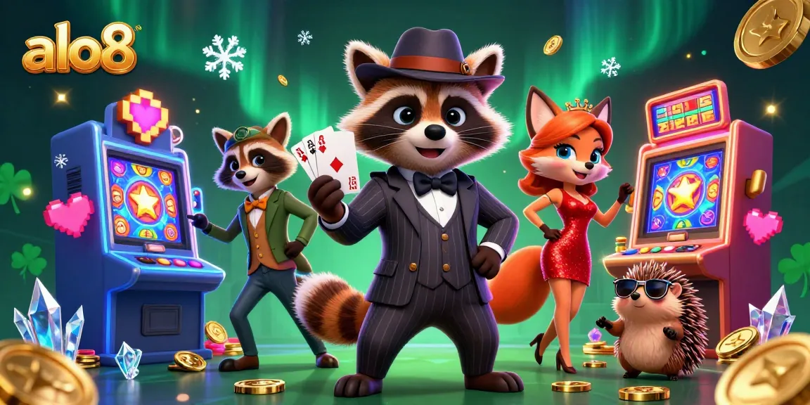 Experience exciting slots at alo8 with a charming raccoon, fox, and bouncer in a vibrant casino