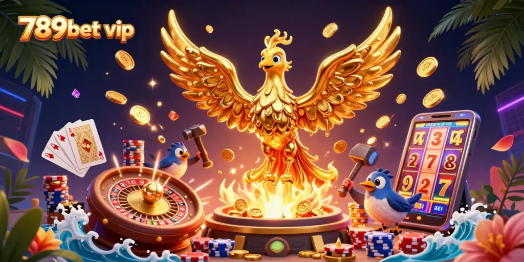 Engage with the vibrant energy of 789bet vip, featuring a molten phoenix and dynamic casino elements.