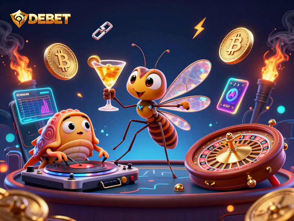 Experience thrilling gaming at DEBET with a vibrant casino scene featuring unique characters and crypto elements.