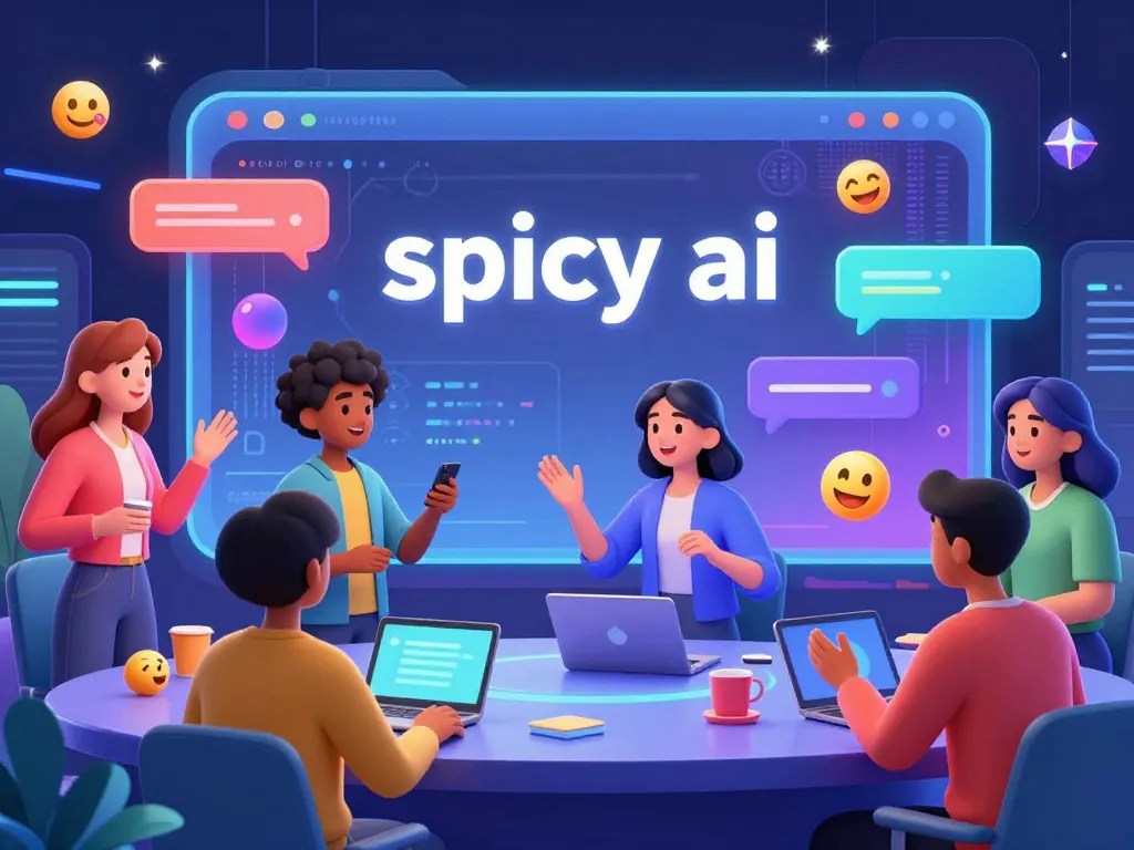 Engaging digital chat environment illustrating spicy ai interactions among diverse animated characters, vibrant colors.