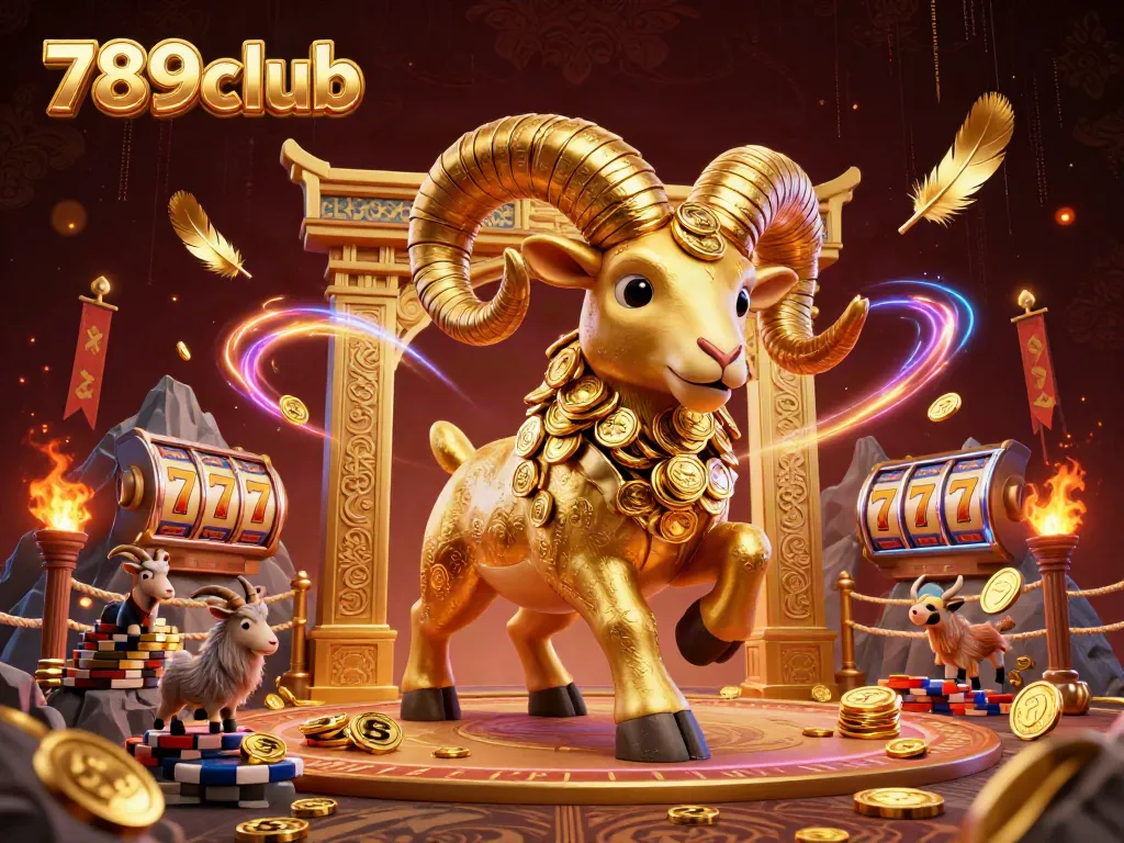 Engage with the thrilling action at 789club featuring a golden ram amidst vibrant casino elements.