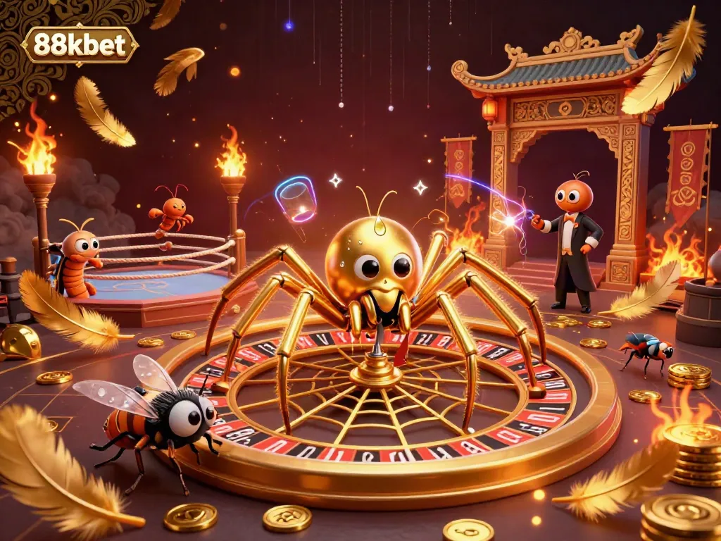 Experience thrilling bets at 88kbet with a dynamic roulette wheel scene featuring unique characters and rich casino elements.